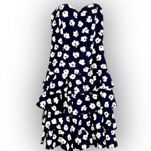 Vintage 80s 90s Dress Strapless Ruffled Cocktail Patty O’Neil Navy White Floral
